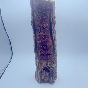 Handcarved live wood edge bark floral design w/ face rustic folk candle holder